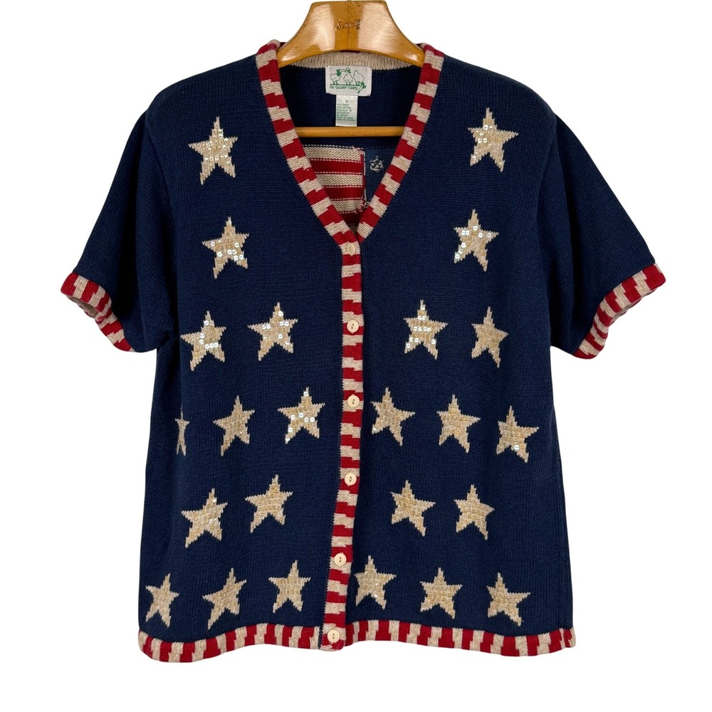 Quacker Factory Women's 1X Patriotic Cardigan Sequin Stars American Flag Y2K